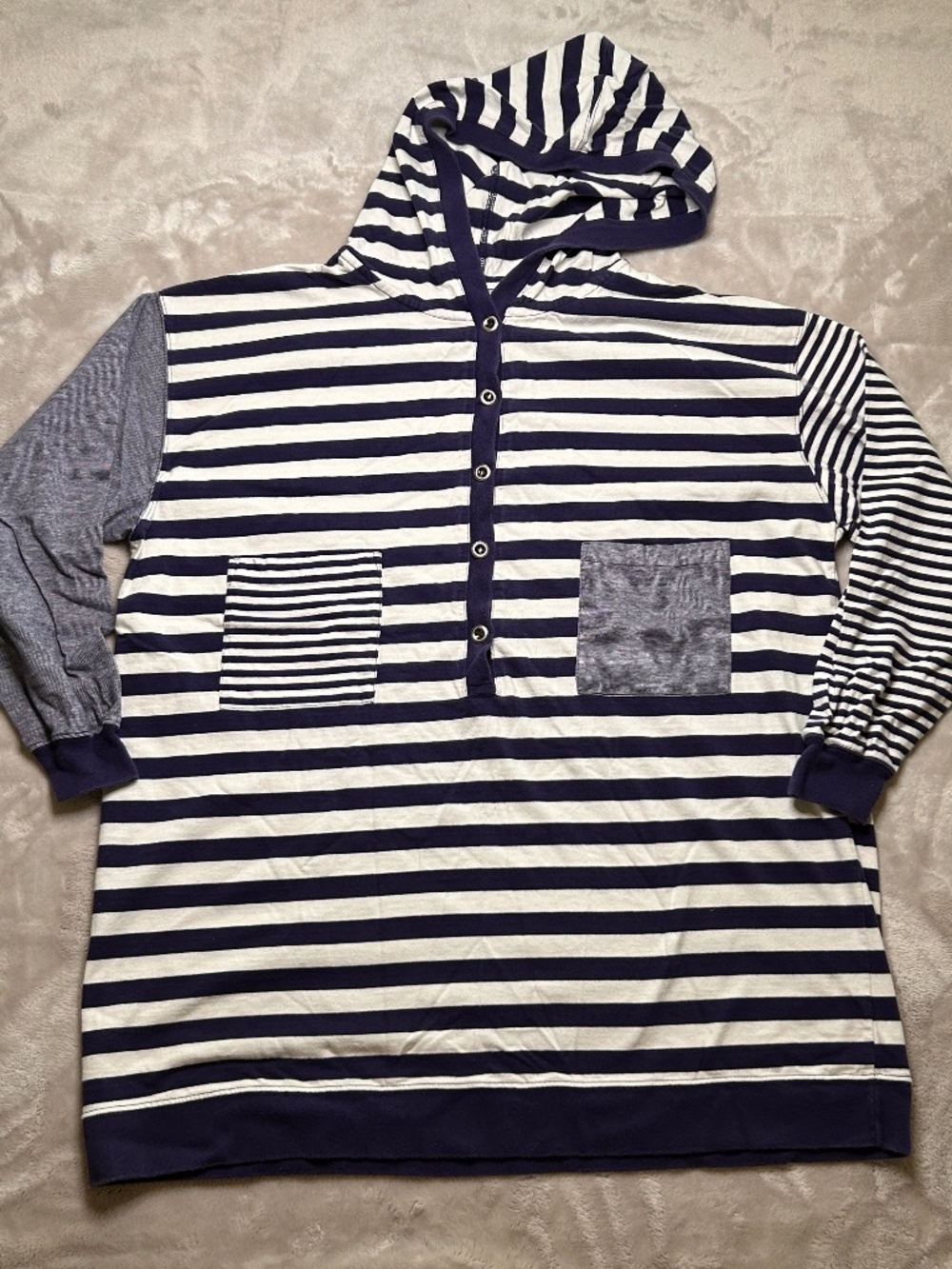 Vintage Westbound‎ Beach Tunic Shirt Womens L Blue Striped 3/4 Sleeve Hooded